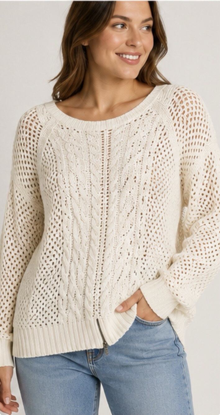 Lucky Brand Cream Open-Knit Scoop Neck Sweater